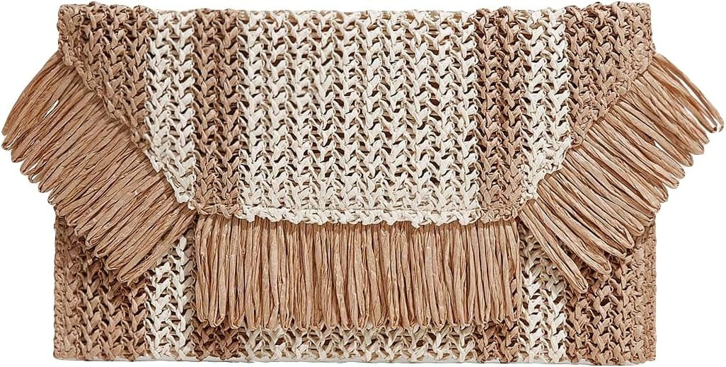 Floerns Women's Woven Straw Envelope Fringe Trim Rattan Beach Clutch Handbag | Amazon (US)