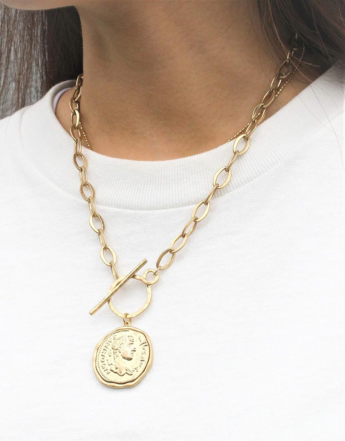 Pomina Gold Silver Chunk Chain Necklace Medallion Coin Pendant Toggle Necklace | Amazon (US)