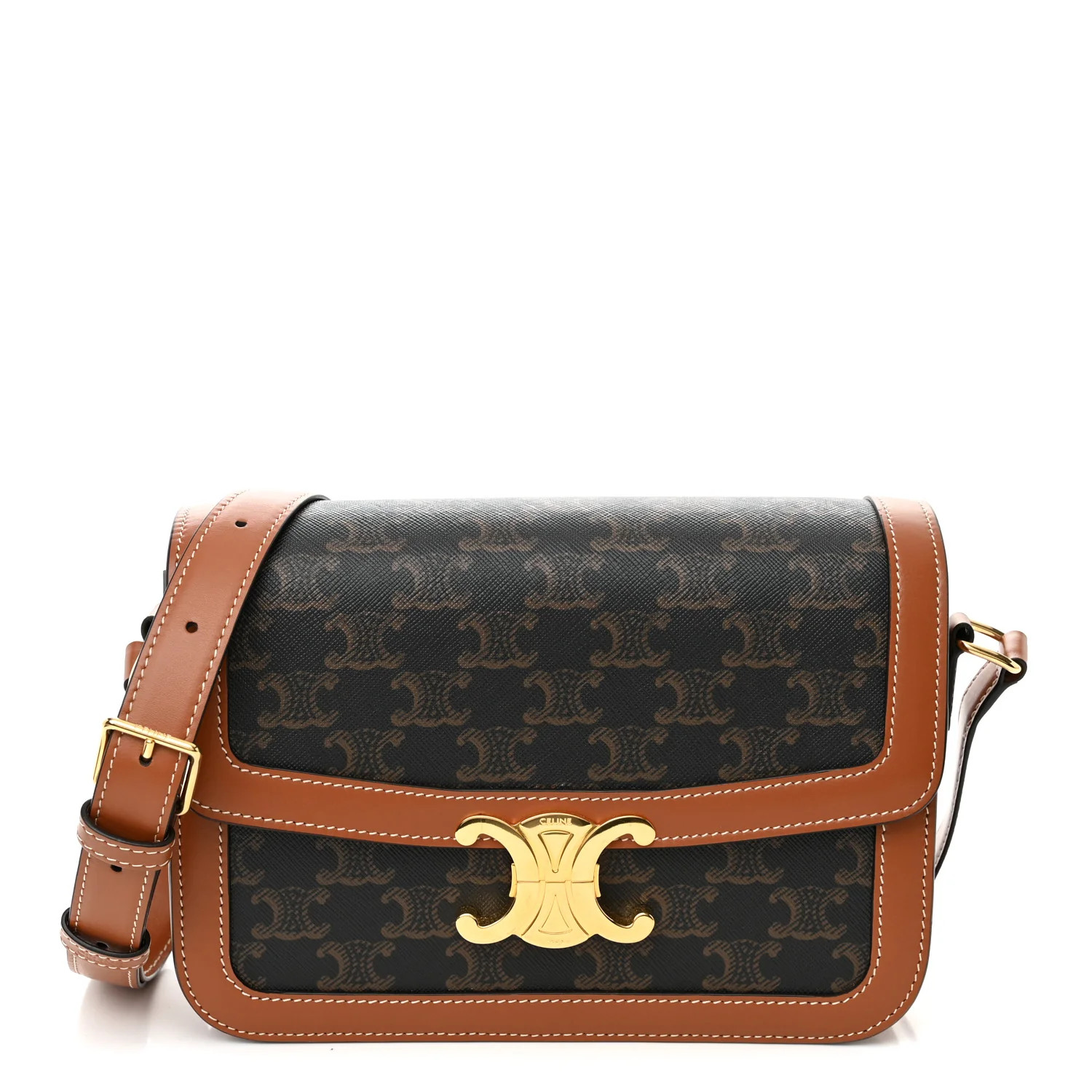 Celine: All/Bags/CELINE Triomphe Canvas Calfskin Medium Triomphe Bag Tan | FASHIONPHILE (US)