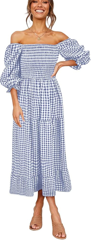 Jollycode Women's Summer Boho Plaid Dress Puff Sleeve Square Neck Off Shoulder Casual A Line Ruff... | Amazon (US)