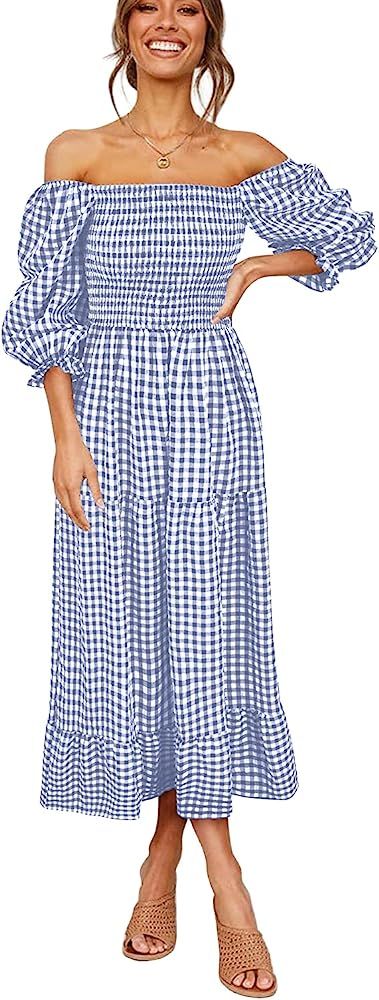 Jollycode Women's Summer Boho Plaid Dress Puff Sleeve Square Neck Off Shoulder Casual A Line Ruff... | Amazon (US)