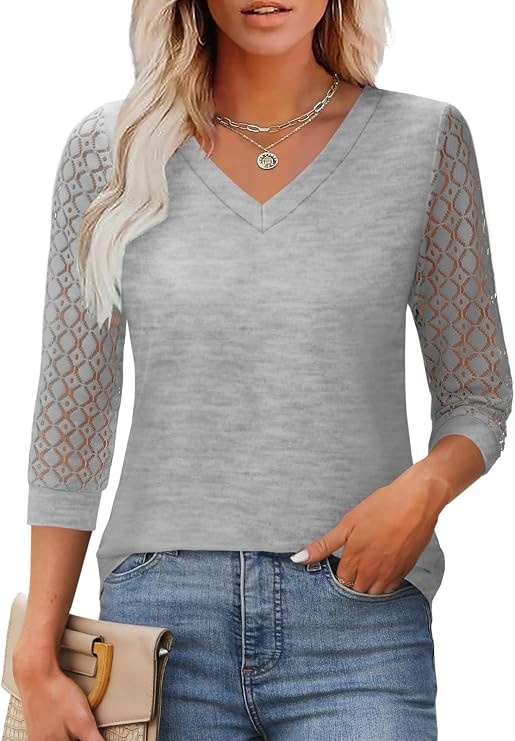 Spring Tops for Women 3/4 Sleeve V Neck Lace Blouse Dressy Casual Womens Tops S-XXL | Amazon (US)