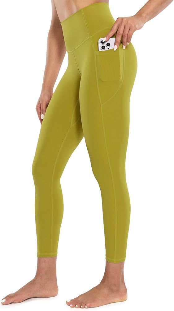 Workout Leggings with Pockets for Women High Waist Yoga Pants 7/8 Cream Soft Athletic Tights 25" ... | Amazon (US)