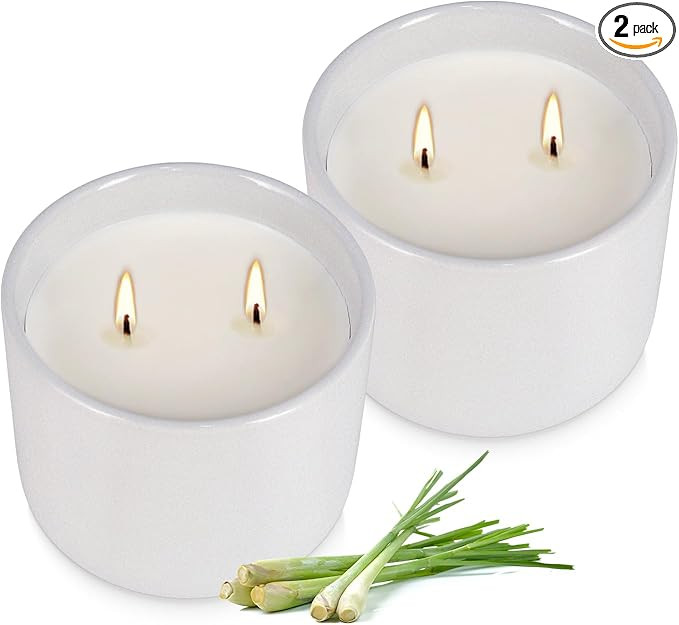 2-Pack Citronella Candles in White Ceramic Jars - 2 Cotton Wicks, Citronella Oil with Elegant Whi... | Amazon (US)