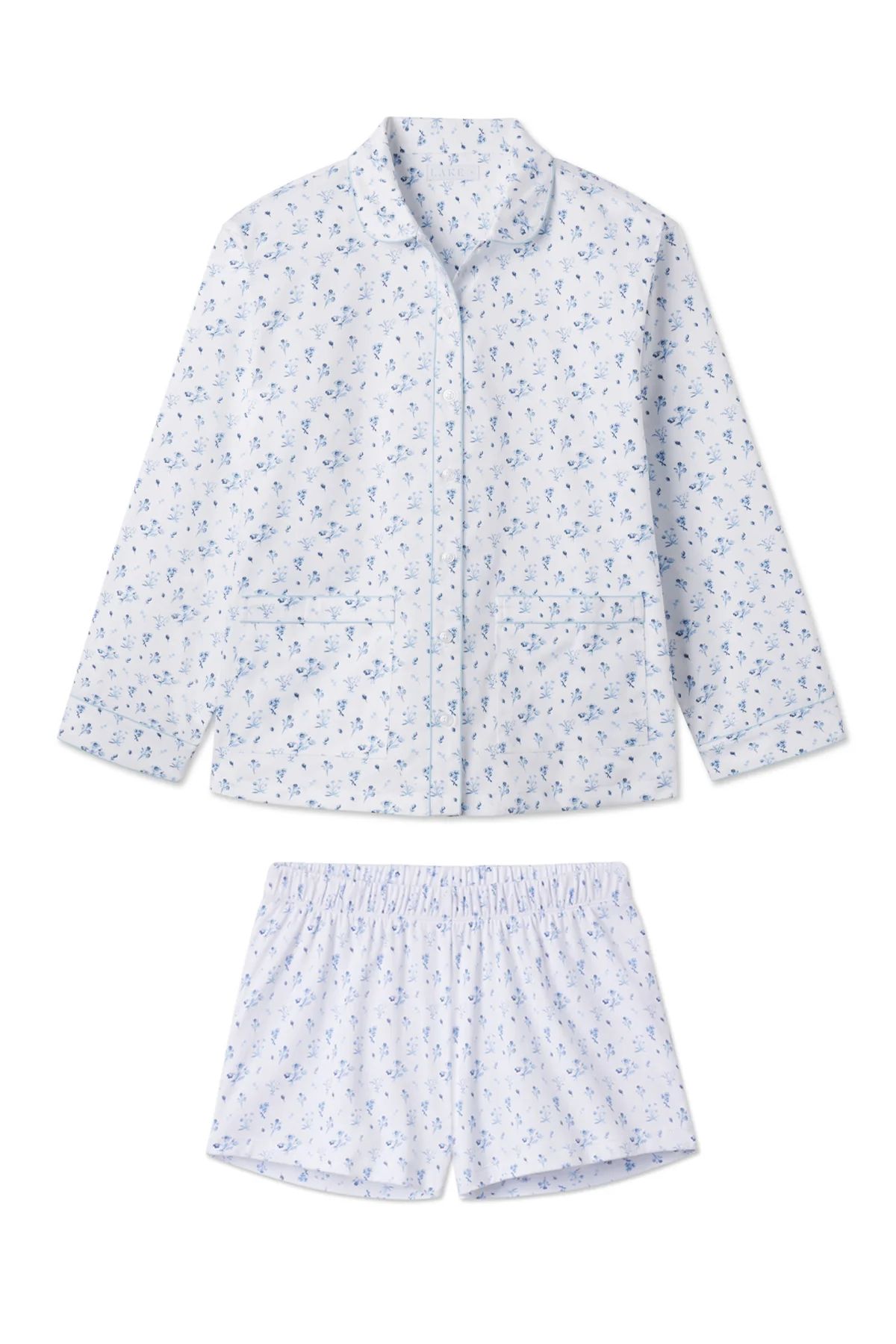 Poplin Piped Shorts Set in French Blue Floral | Lake Pajamas