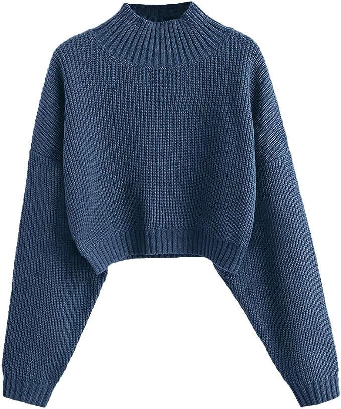 ZAFUL Women's Pullover Sweater Drop Shoulder Plain Knitted Cropped Sweater Pullover Mock Neck Sol... | Amazon (US)