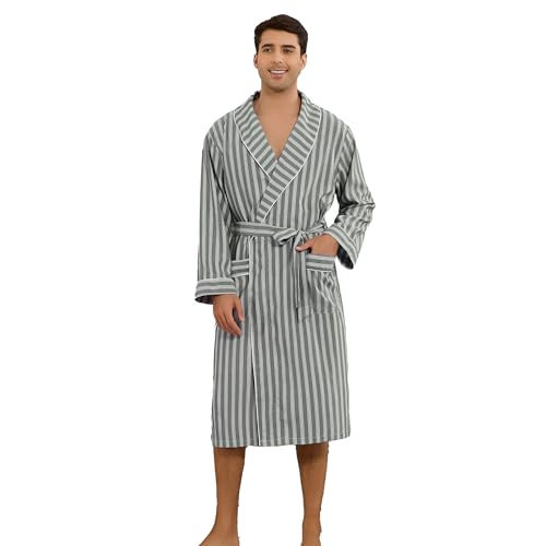 Vulcanodon Mens Robe Lightweight Striped Kimono Bathrobe, Soft Long Sleeve Knee Length Sleepwear with Pockets for Home Lounge Spa(ARMY GREEN WHITE STRIPE,S/M) | Amazon (US)