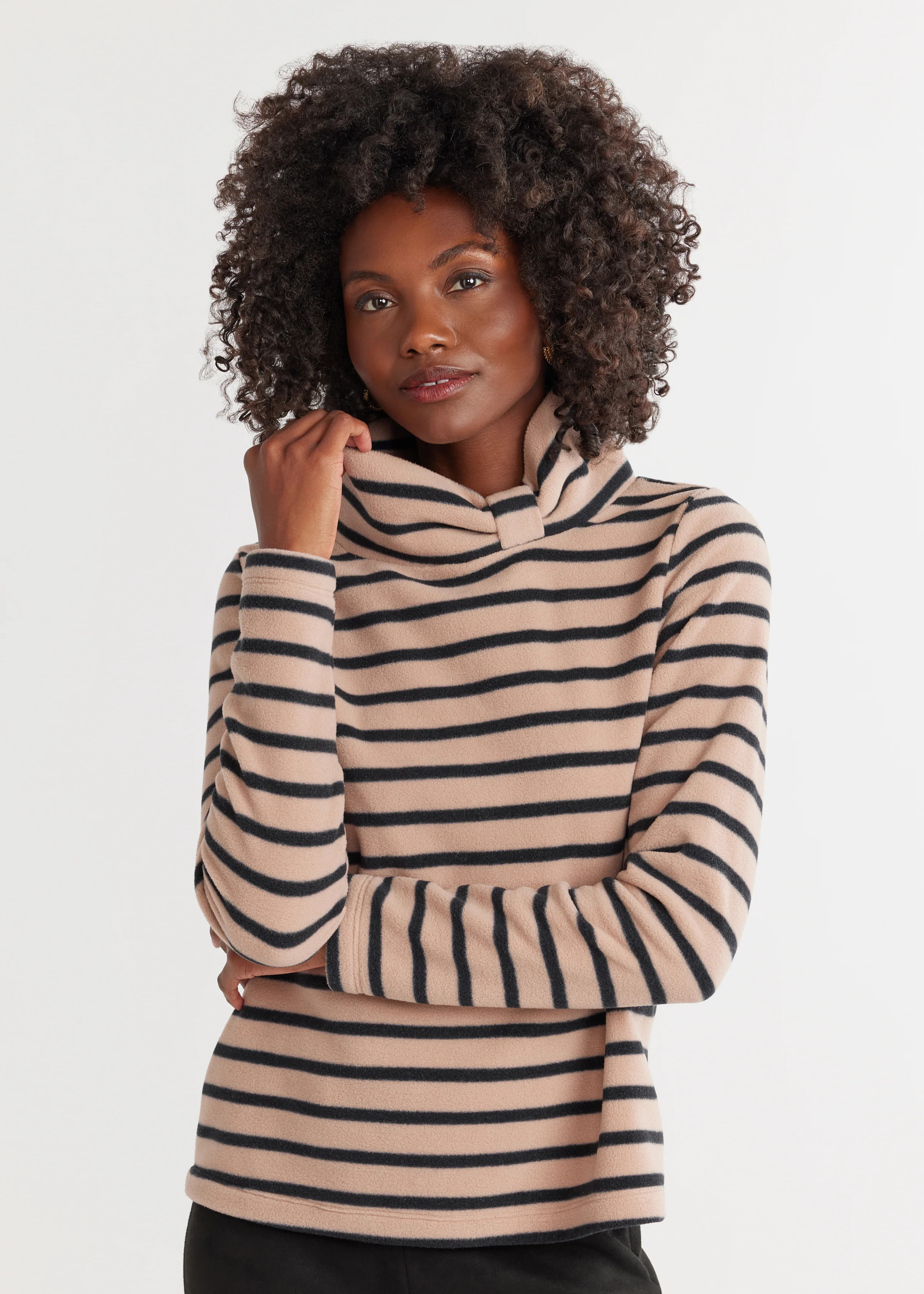 Juliet Turtleneck in Vello Fleece (Khaki/Black Mariner Stripe) | Dudley Stephens