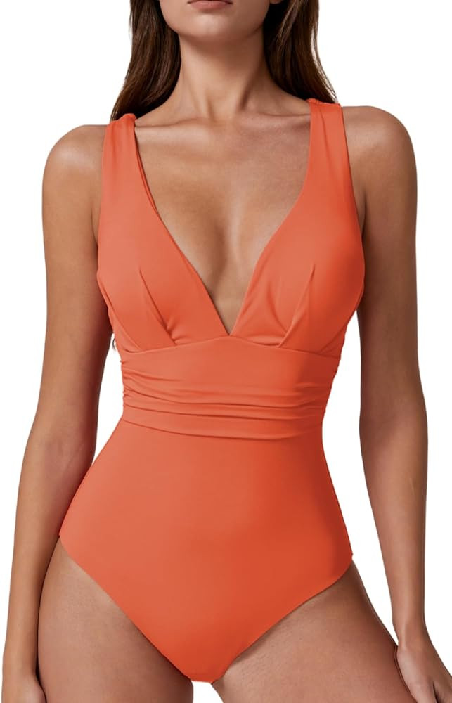 QINSEN Womens Sexy V Neck One Piece Bathing Suit Cross Back Swimsuit High Waist Monokini | Amazon (US)