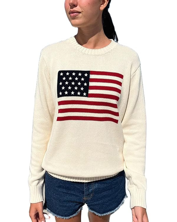 Women American Flag Sweater Long Sleeve Crew Neck Loose Fit Knit Pullover Tops USA Casual Loose P... | Amazon (US)