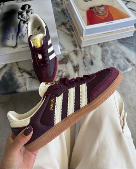 Adidas Samba OG "Maroon" trainers. Burgundy/cream white
leather/faux leather/suede sneakers. Wardrobe staple. Timeless. Gift guide idea for her. Luxury, elegant, clean aesthetic, chic look, feminine fashion, trendy look, sporty, casual. 


#LTKuk #LTKeurope #LTKgiftguide