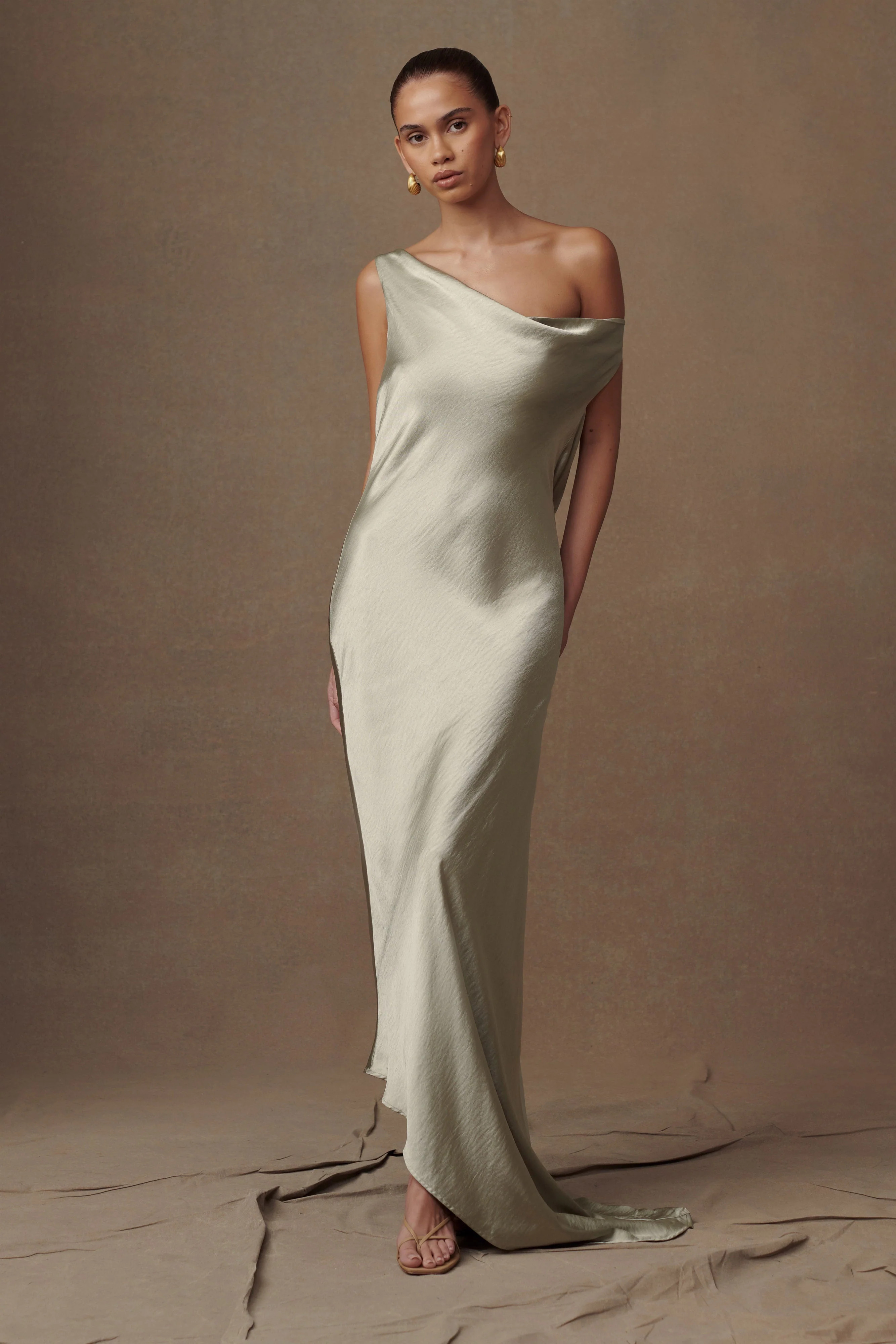 Slip Maxi Dress With Asymmetrical Hem - Sage | MESHKI US