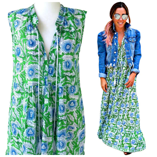 Emerald Isle Block Print Ruffle Neck Maxi Dress | James Ascher