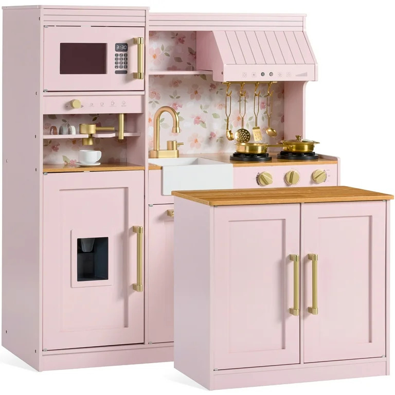 Best Choice Products Deluxe Pretend Play Kitchen with Island, Espresso Machine Version - Pink | Walmart (US)