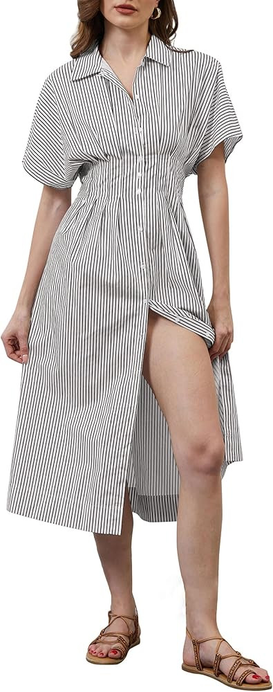 calbatic Women Striped Button Down Pleated Shirt Dress Summer Short Sleeve Ruffle A Line Swing Lo... | Amazon (US)