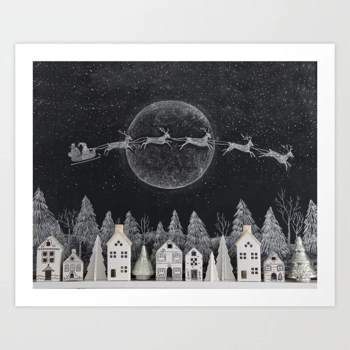 Christmas Village Chalkboard Santa & Reindeer Art Print by KellyElko | Society6