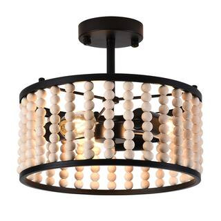13 in. 3-Light Matte Black Wood Bead Semi-Flush Mount Ceiling Light Farmhouse Boho Light Fixture | The Home Depot
