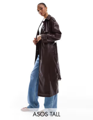 ASOS DESIGN Tall leather look trench coat in burgundy | ASOS (Global)