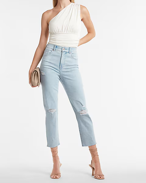 Super High Waisted Ripped Raw Hem Mom Jeans | Express