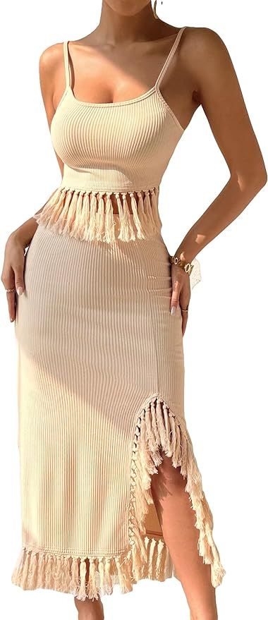 WDIRARA Women's 2 Piece Outfit Fringe Hem Sleeveless Cami Top and Split Thigh Rib Knit Skirt Set | Amazon (US)