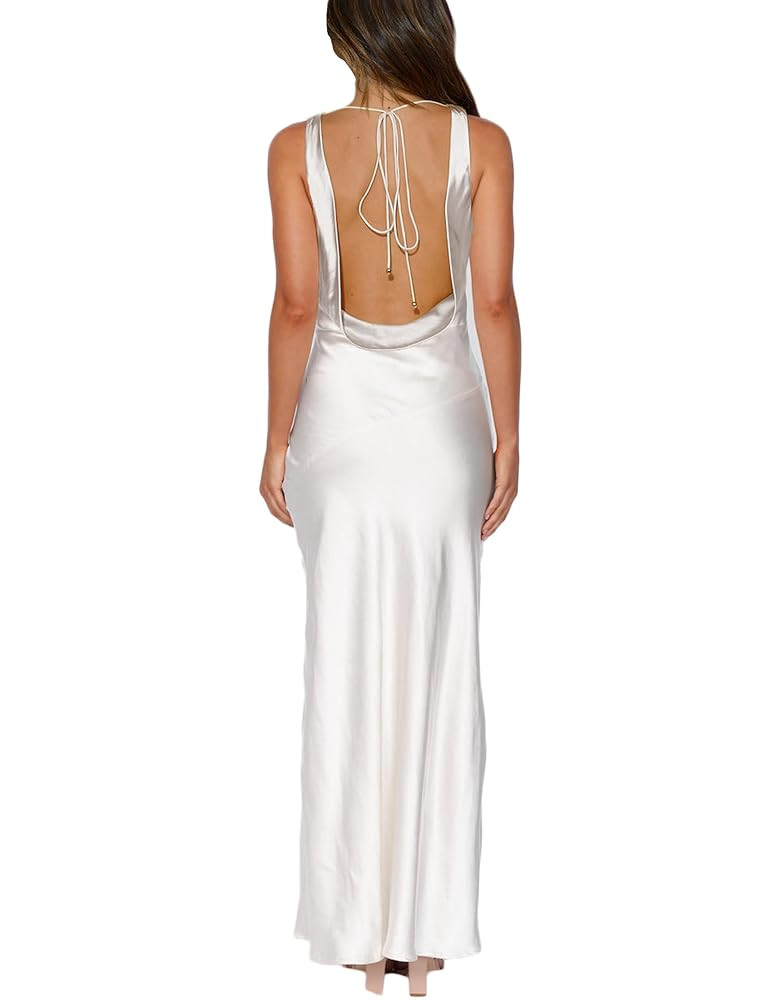 Women's 2025 Summer Satin Backless Elegant Dress for Wedding Guest Silk Sleeveless Cowl Neck Part... | Amazon (US)