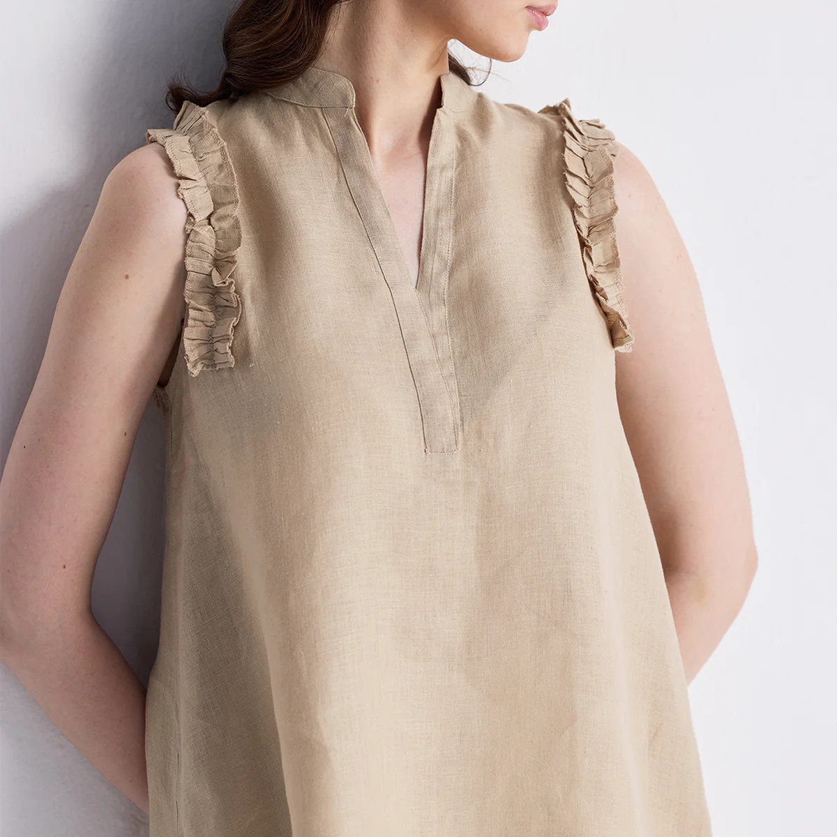 Sleeveless Hemp Top with Ruffles in Neutral Beige | Reistor