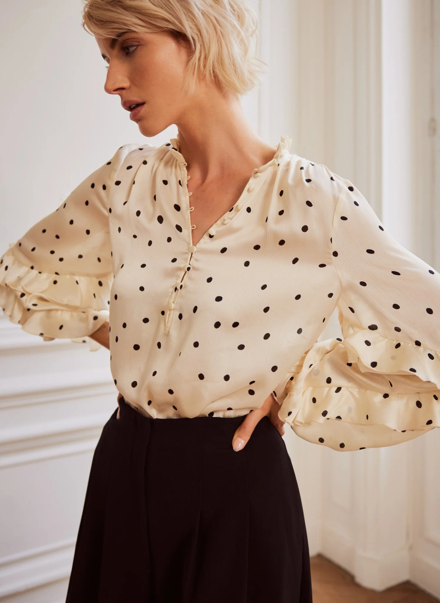 Cream Polka Dot Print Ruffle Blouse | Mint Velvet - US