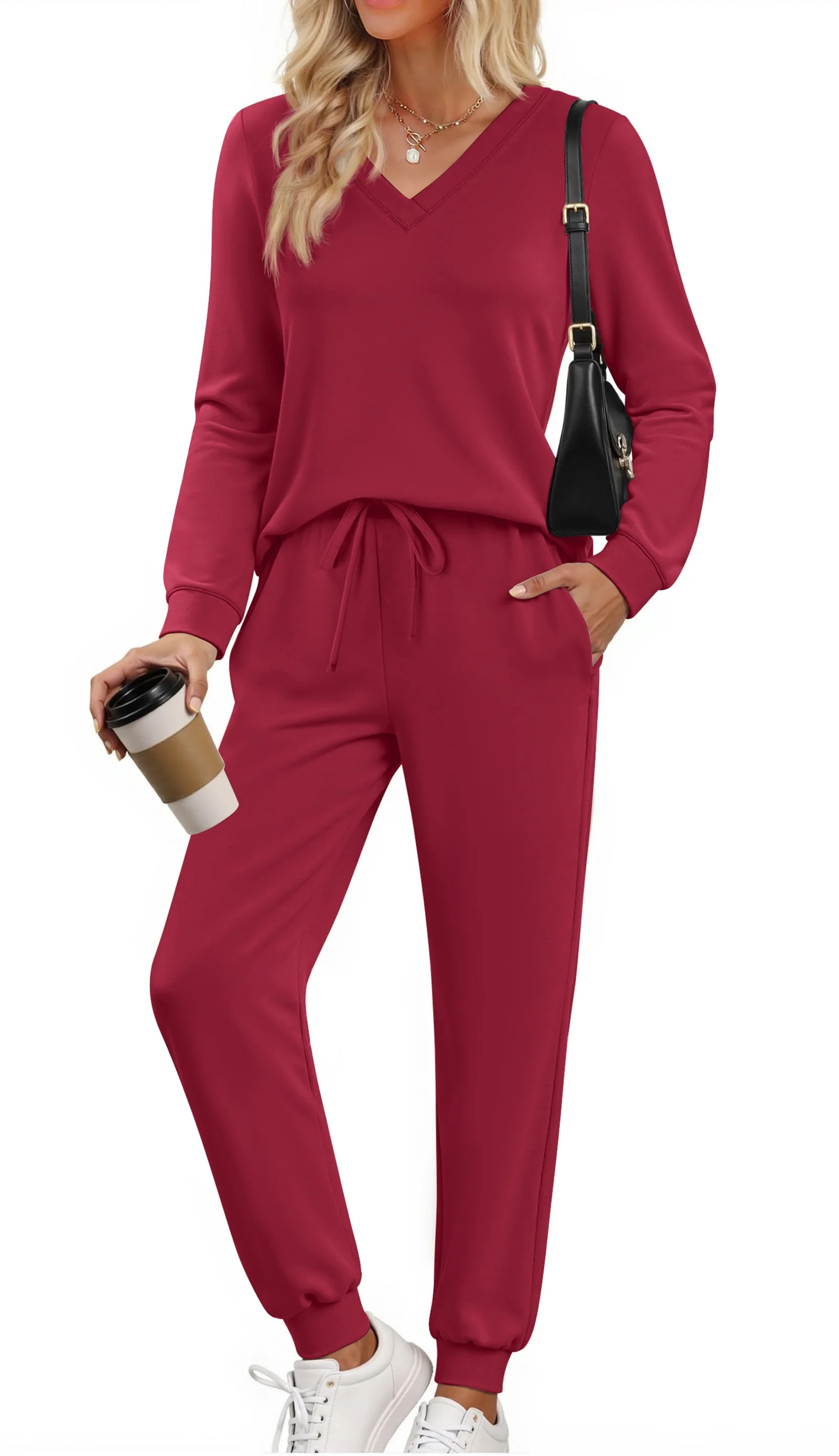 Fantaslook Two Piece Sets for Women Fall Outfits Fashion Lounge Sets V Neck Tops Long Pants Track... | Walmart (US)