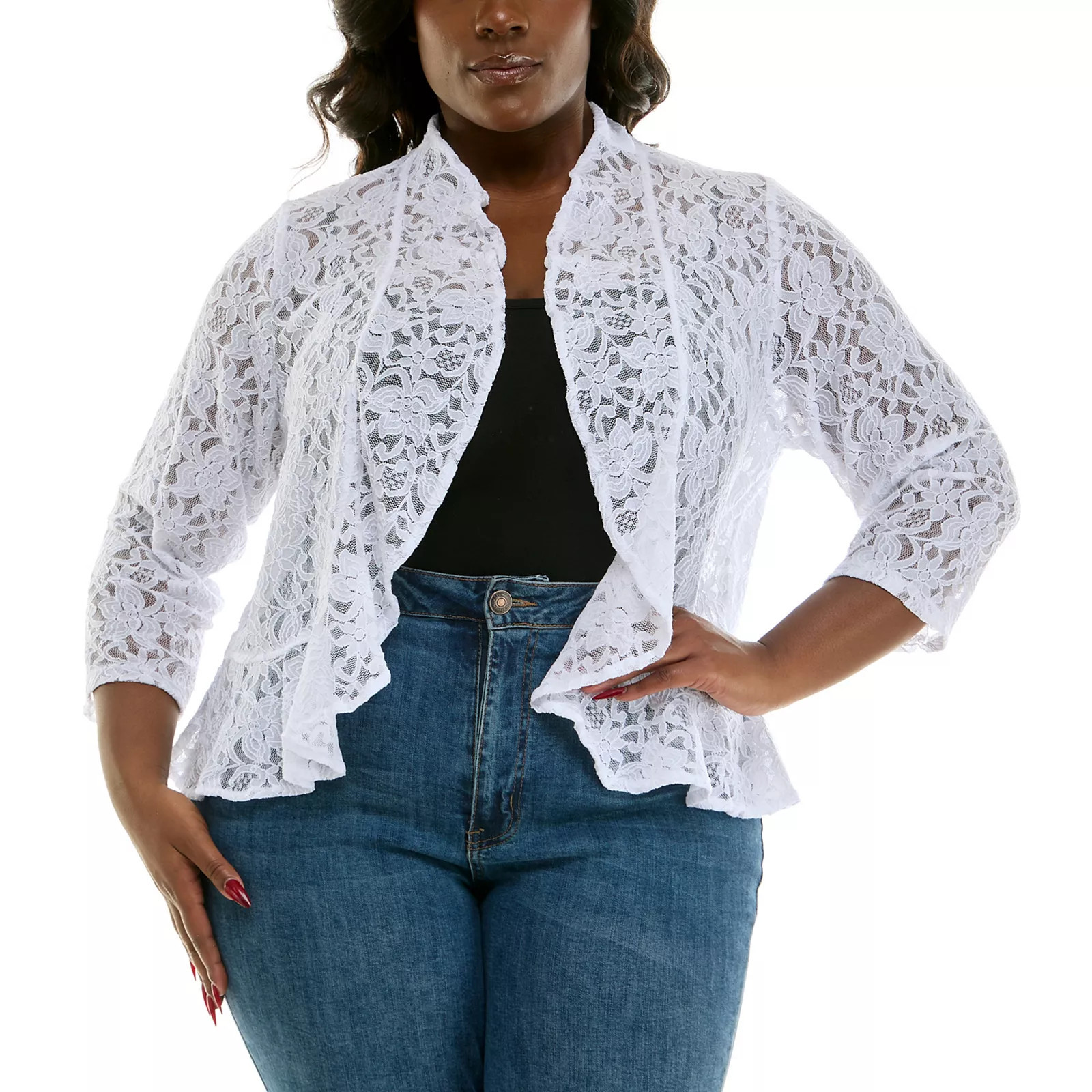 Plus Size Nina Leonard Ruffle Front Lace Bolero Jacket, Women's, Size: 1XL, White | Kohl's