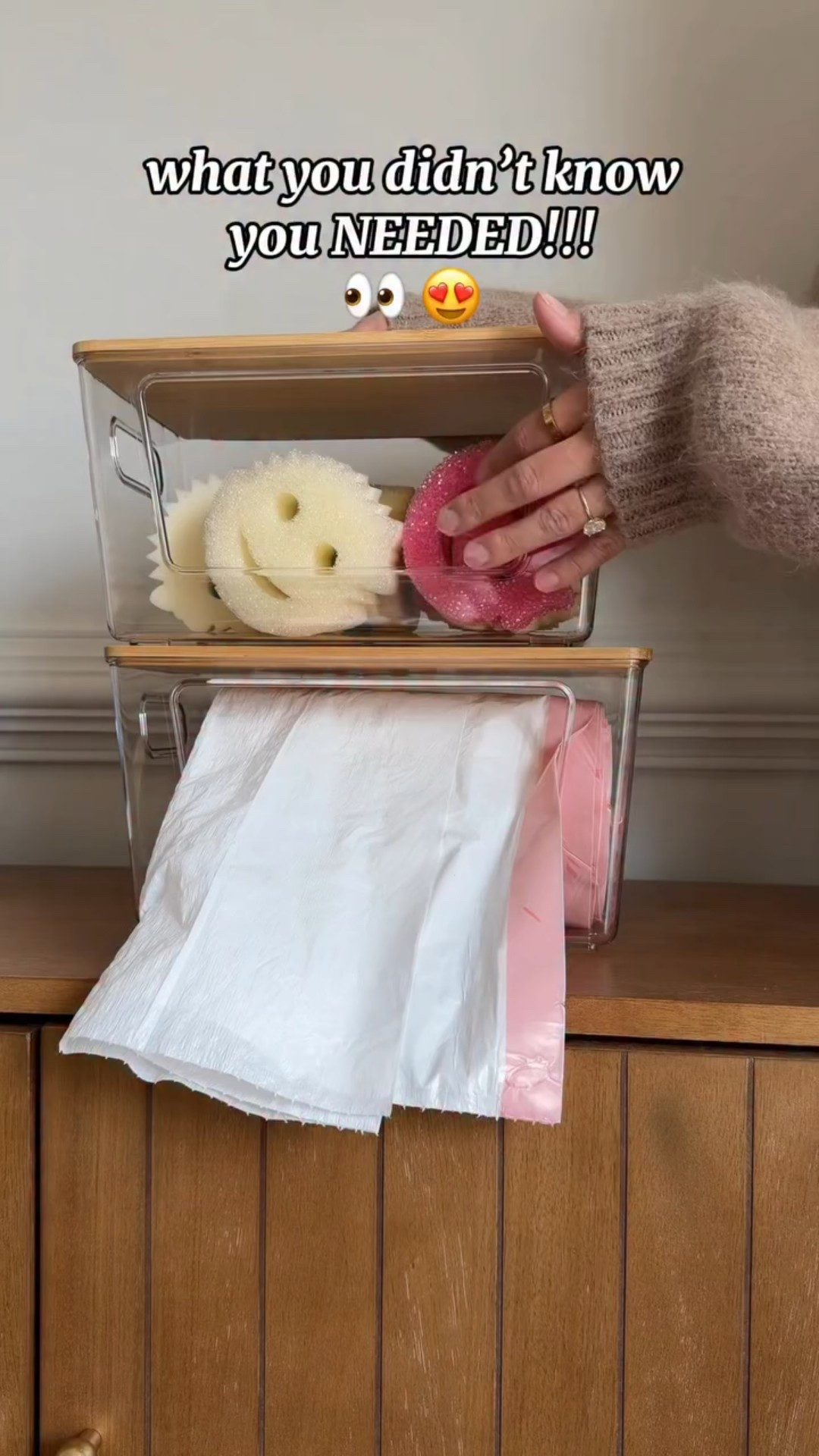 Follow + Comment “NEED” for the links to these Amazon stacking bins!!! 🙌 PERFECT for your trash bags, sponges, pods and more! 😍 The best way to organize under your sink!!! Space saving and eye pleasing!!!🤎 #undersinkorganization #amazonorganization #sinkorganizer