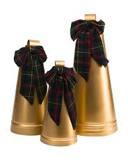 3Pk Iron Bells With Plaid Bows, Gold | TJ Maxx