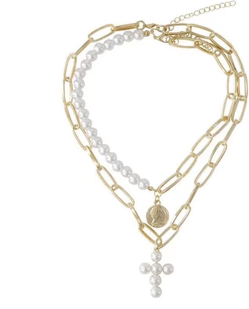 Pearl Cross Necklace for Women Gold Layered Choker Necklaces Boho Pearl Cross Pendant Necklace Co... | Amazon (US)