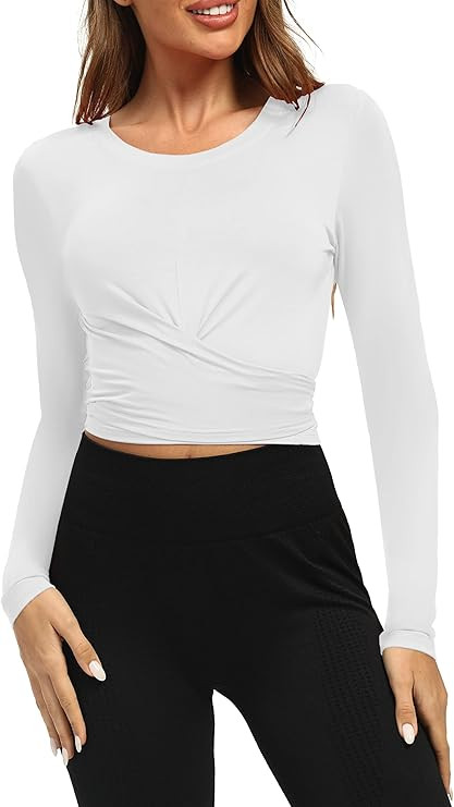 Mippo Long Sleeve Crop Top Workout Shirts for Women Tie Back Yoga Gym Running T-Shirts | Amazon (US)