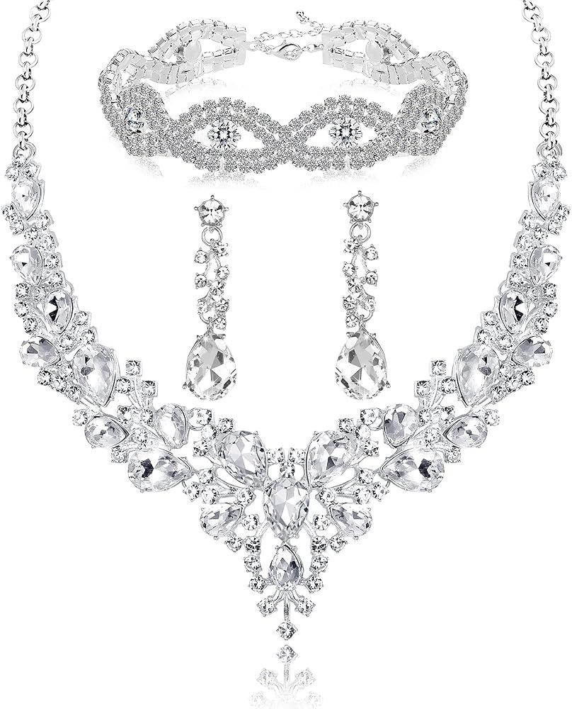 ABDOT Rhinestone Bridal Jewelry Sets for Women Crystal Necklace Earrings Bracelet Set Silver-Tone... | Amazon (US)