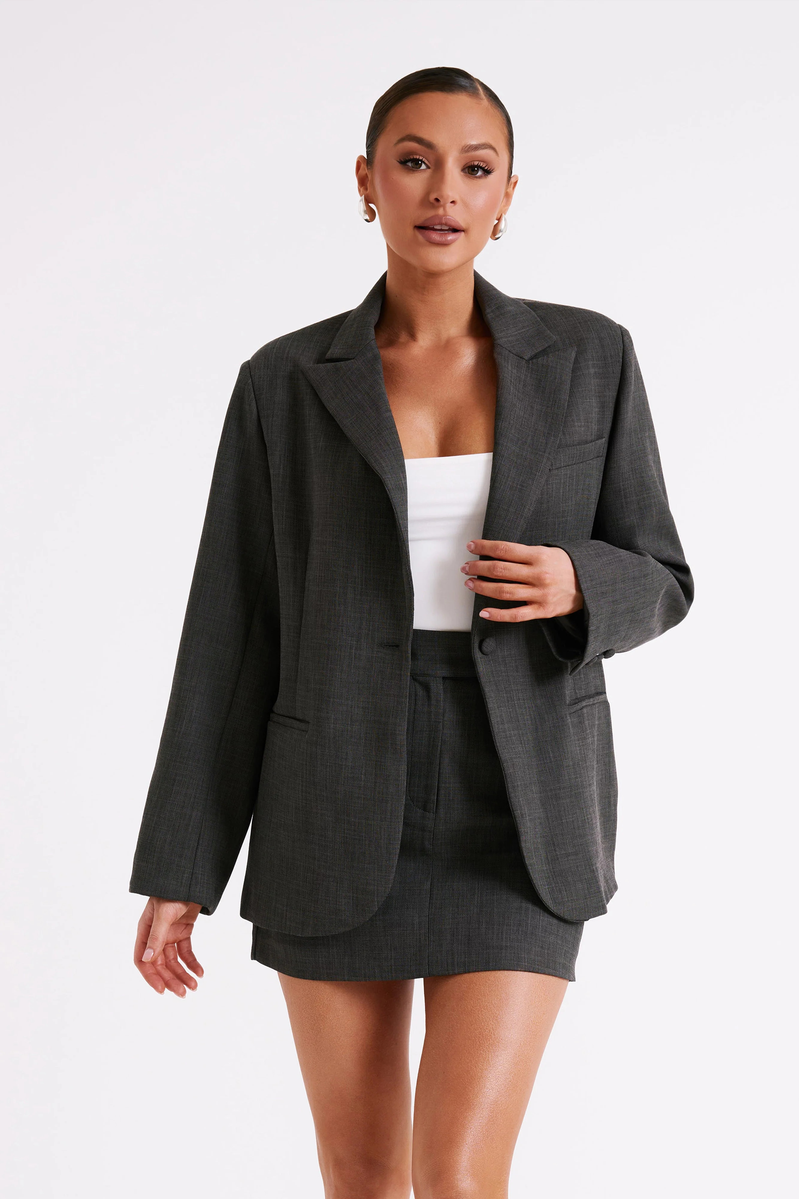 Drew Oversized Textured Blazer - Charcoal | MESHKI US