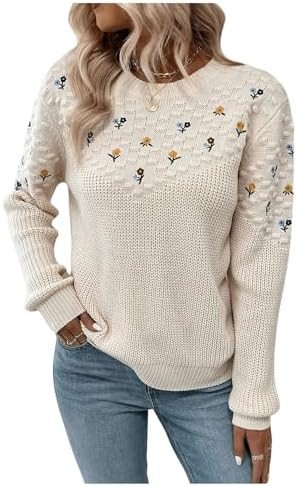 GORGLITTER Women's Fall Crochet Sweaters Lightweight Floral Long Sleeve Embroidered Knit Flower C... | Amazon (US)