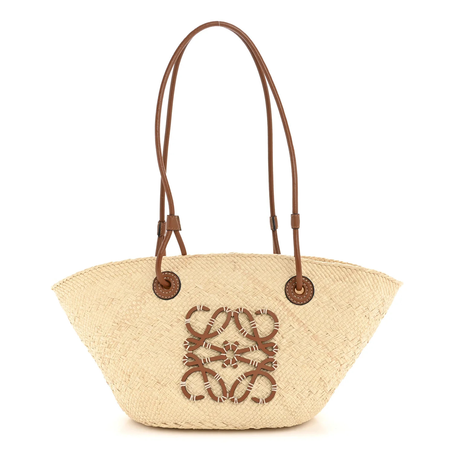 Calfskin Raffia Small Anagram Basket Tote Bag Natural Tan | FASHIONPHILE (US)