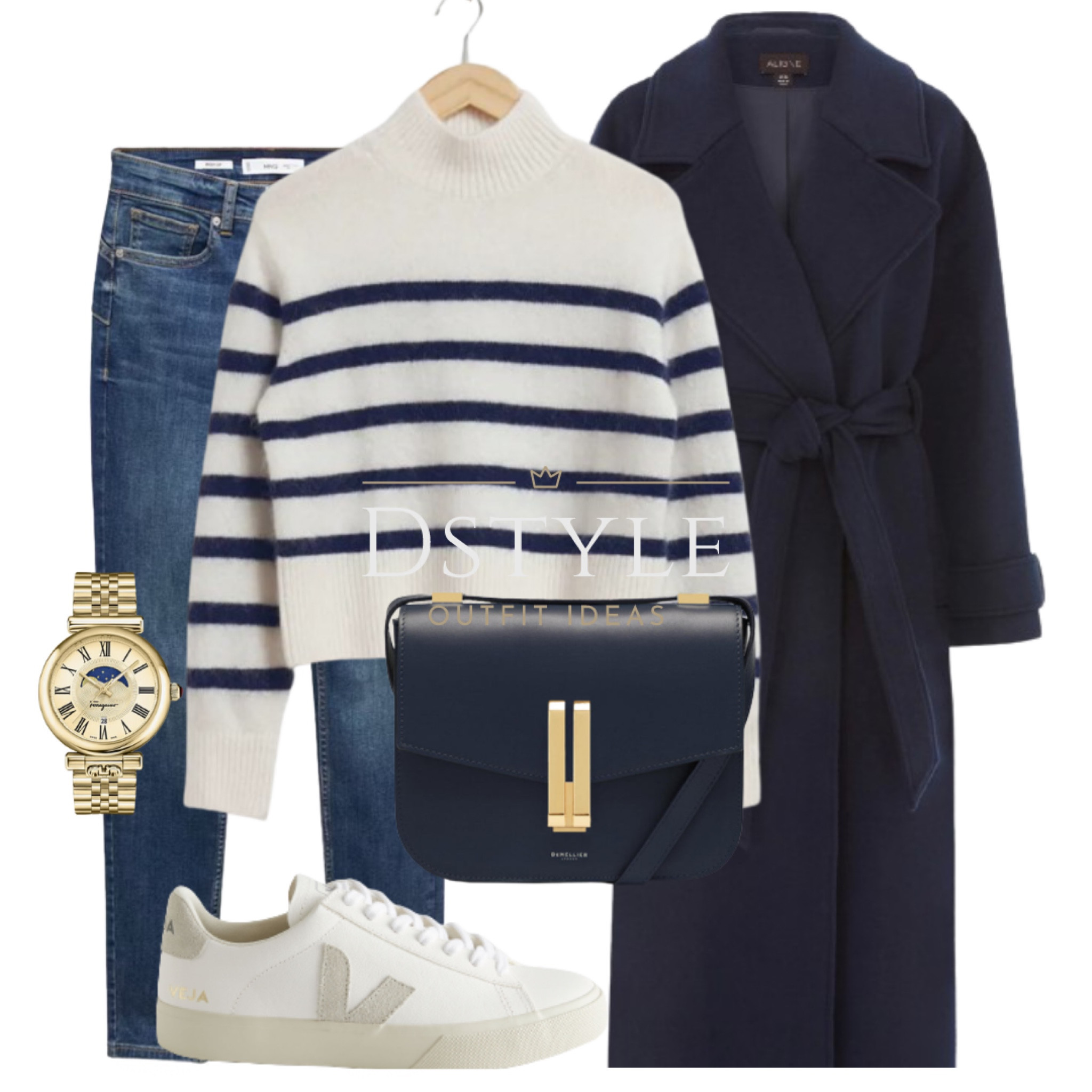 Nautical vibes and urban chic collide: Rocking a white/navy striped wool blend sweater, sleek skinny push-up jeans, a navy belted coat, Veja Campo sneakers, and accessorizing with a navy bag and matching watch. ⚓️✨ #StyleHarmony #OOTD

#LTKstyletip #LTKfindsunder50 #LTKsalealert
