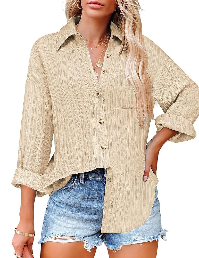 HOTOUCH Womens Button Down Shirts Long Sleeve Dress Shirt Textured Collared Work Blouse Dressy Ca... | Amazon (US)