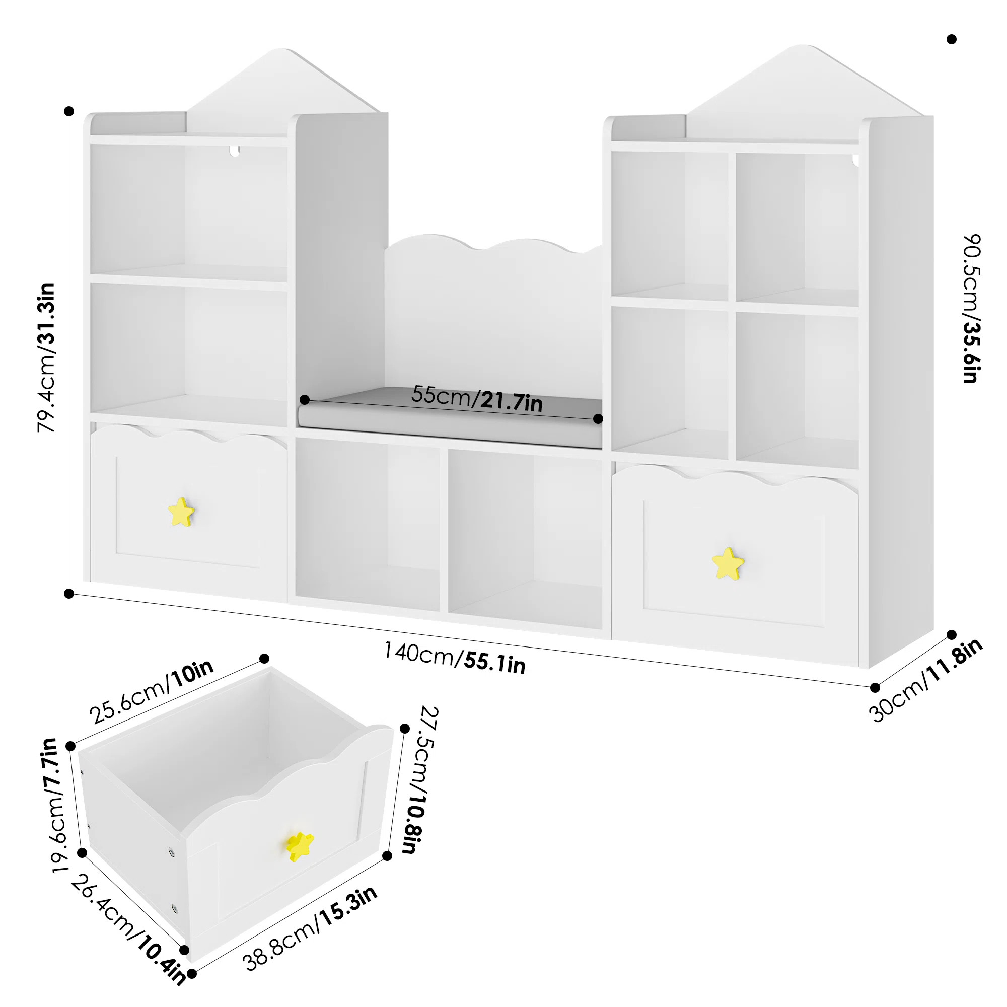 55.1"W Wood Kids Bookcase with 2 Drawers, Soft Cushion and Reading Nook | Wayfair North America
