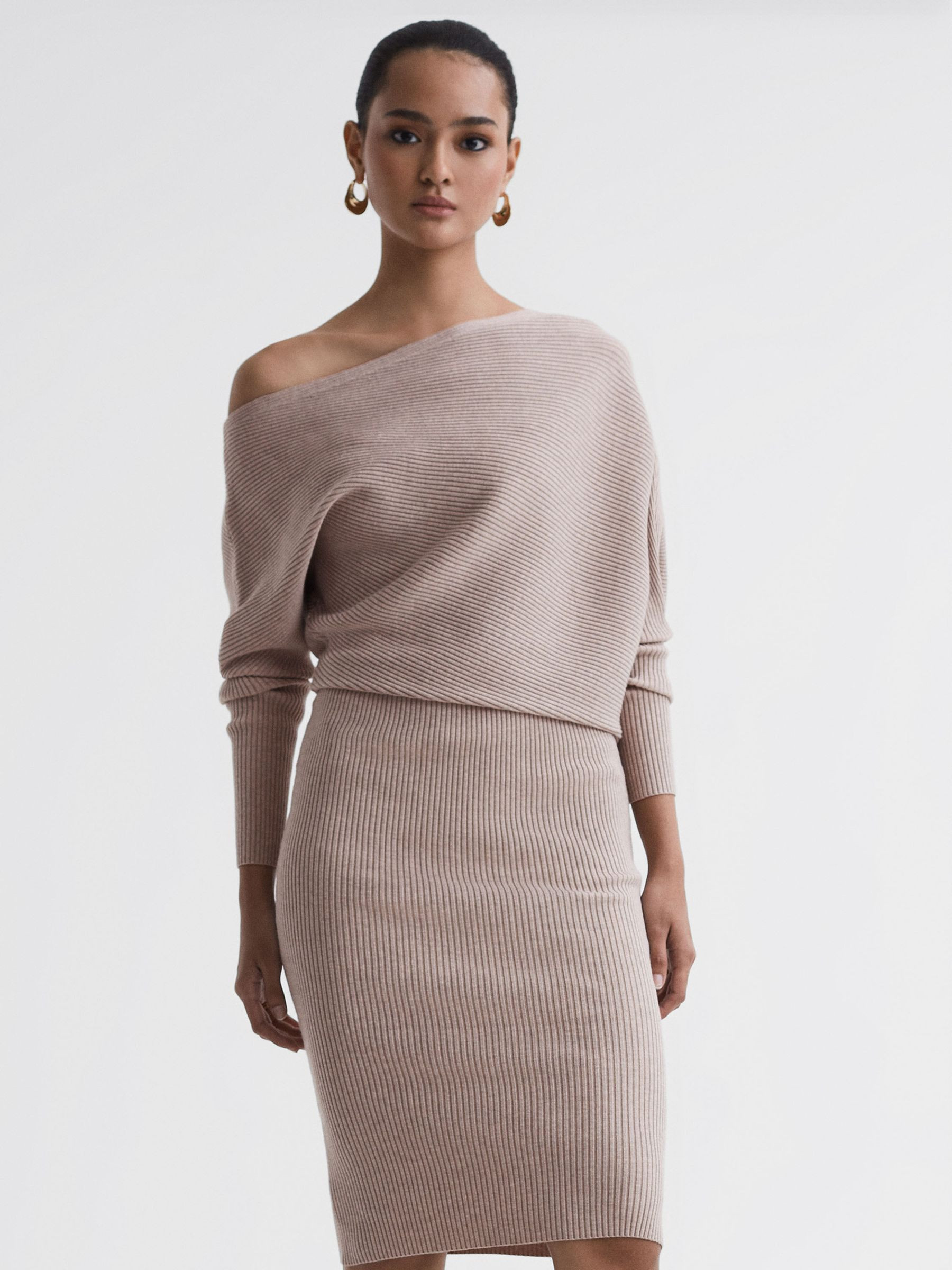 Reiss Off-The-Shoulder Ribbed Knitted Midi Dress in Neutral - REISS | Reiss UK