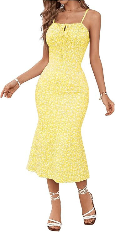 Floerns Women's Floral Print Drawstring Front Sleeveless Cami Midi Dress | Amazon (US)