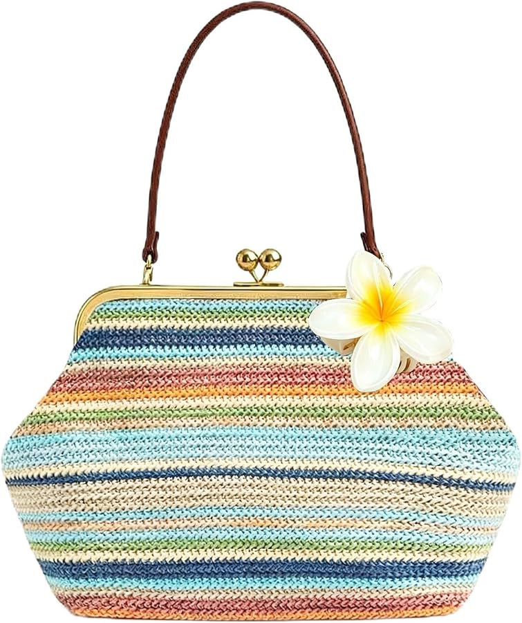 Kiss Lock Purses and Handbags Straw Purse Large Kisslock Bag Kiss-Lock Woven Bag Kiss Clasp Shoul... | Amazon (US)