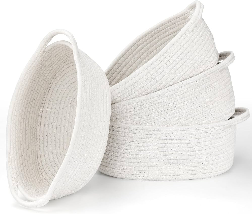 4 Pack Small Woven Basket with Handles, Cotton Rope Room Shelf Storage Basket, Cute Baby Gift Bas... | Amazon (US)