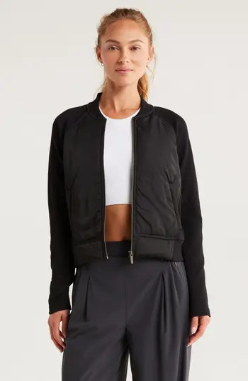 Zella Seamless Mixed Media Bomber Jacket in Black at Nordstrom Rack, Size X-Large | Nordstrom Rack