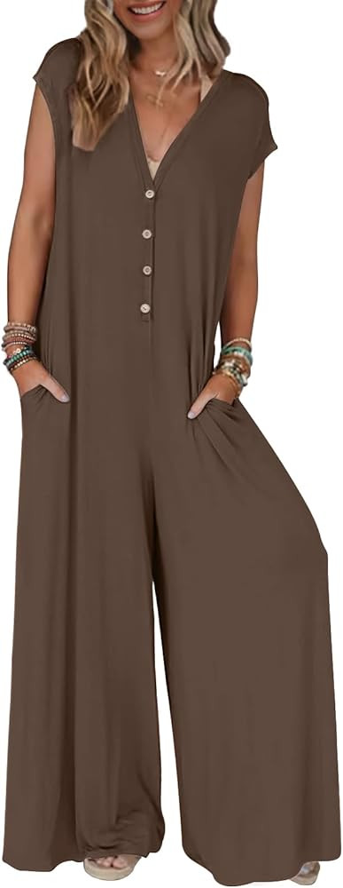 MEROKEETY Women's 2025 Summer Cap Sleeve Jumpsuits Deep V Neck Button Onesie Wide Leg Pants Rompe... | Amazon (US)