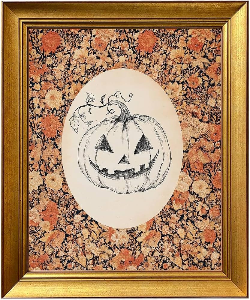 Vintage Gold Framed Floral Autumn Wall Art Halloween Sketch Print Spooky Pumpkin Wall Decor Rusti... | Amazon (US)
