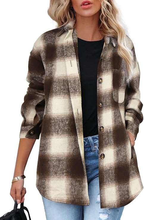 Beaully Women's 2025 Fall Clothes Plaid Shacket Jacket Long Sleeve Button Down Flannel Shirts Fas... | Amazon (US)