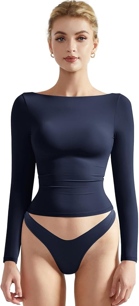 SUUKSESS Women Crew Neck Long Sleeve T Shirts Double Lined Tight Fitted Crop Top | Amazon (US)
