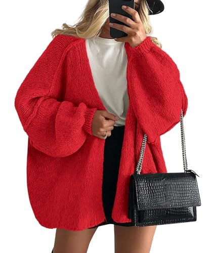 PRETTYGARDEN Womens Oversized Cardigan Sweaters 2026 Fall Long Lantern Sleeve Knit Open Front Lightweight Sweater (Red,Small) | Amazon (US)
